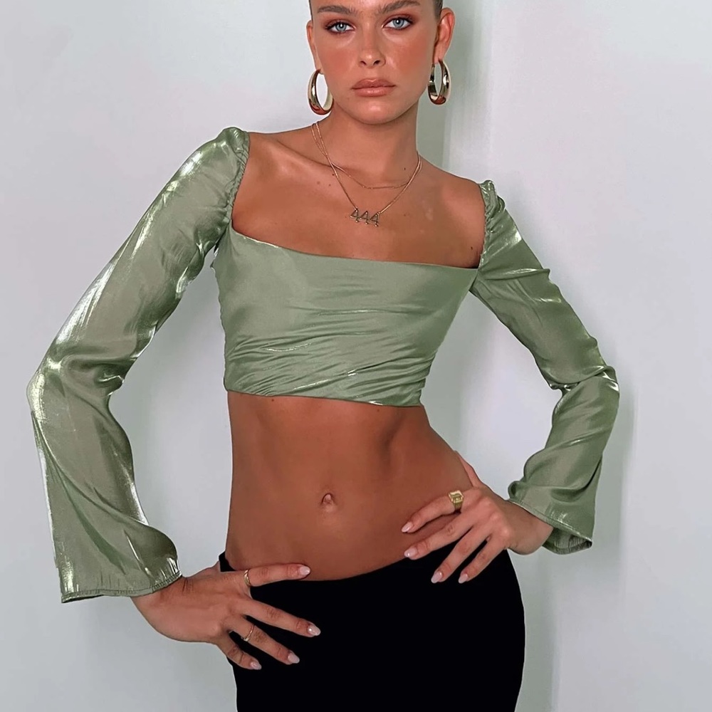 Nakai Lace Up Long Sleeve Top Sage